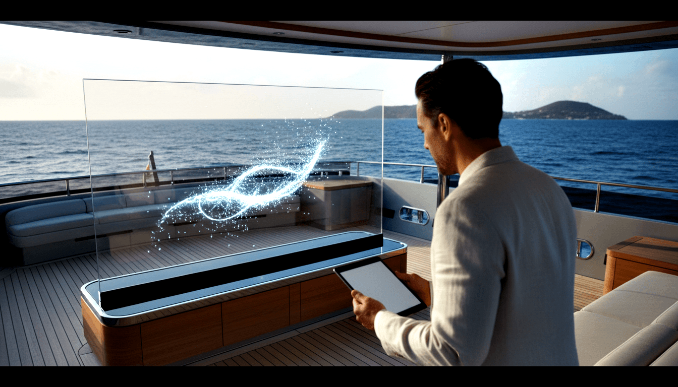 Man in light linen top on yacht teak deck holding tablet, facing transparent panel with glowing cyan light trails and particles, ocean behind.