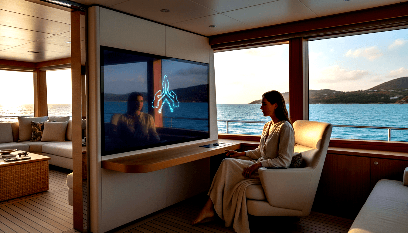 Woman in cream outfit sits barefoot in white leather armchair in yacht salon, TV shows her reflection with glowing cyan symbol.
