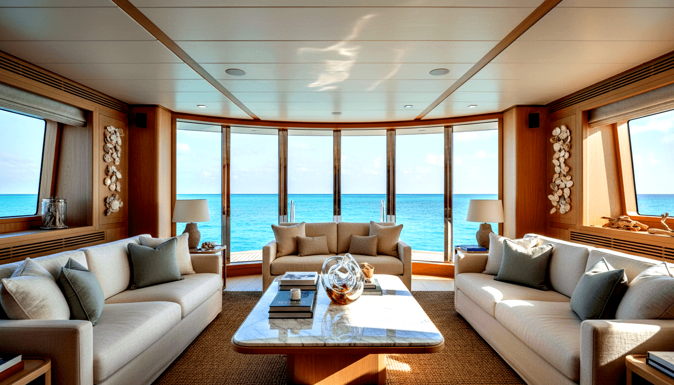 Three cream sofas in U-shape around a marble coffee table, facing floor-to-ceiling curved windows with turquoise ocean view.