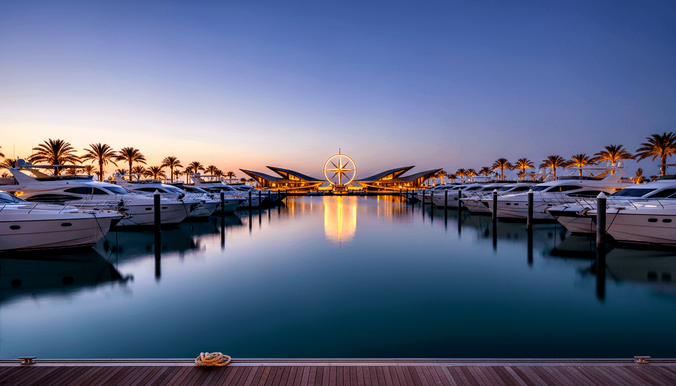 Twilight marina: white yachts on glassy teal water, lit palms, wing-roofed building, star sculpture, amber light vs purple sky.