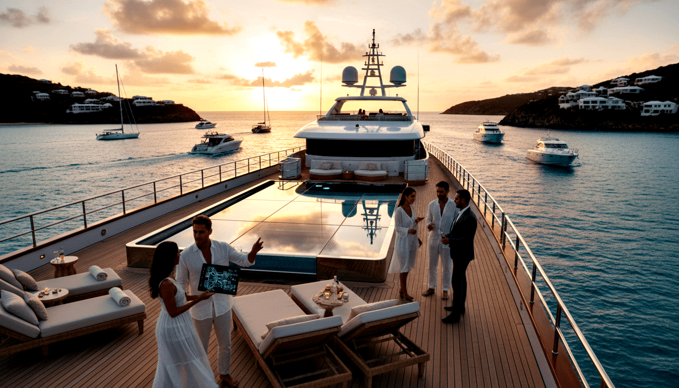 Superyacht teak deck with infinity pool, sun loungers, two figures with tablet left, two with drinks right, turquoise bay at sunset.