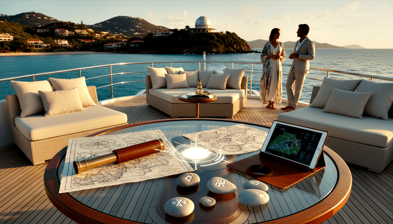 Yacht deck table with brass telescope, charts, compass, tablet; couple with glasses chat at railing over turquoise water.