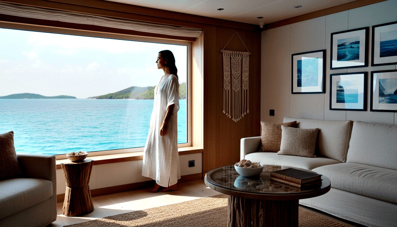 Barefoot woman in white maxi dress stands in profile at panoramic wooden-framed window overlooking turquoise ocean and forested island.