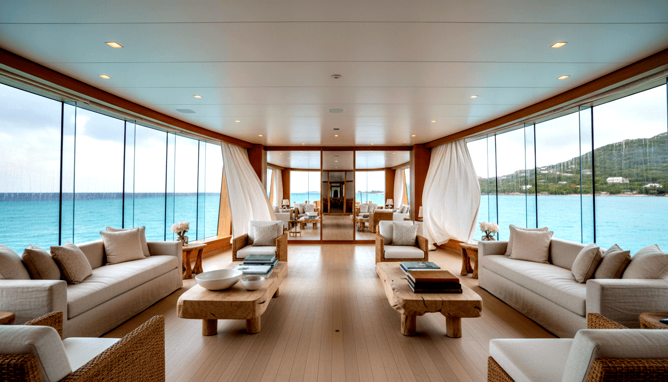 Glass-walled lounge with floor-to-ceiling windows framing turquoise water and hillside, cream sofas, wicker chairs, live-edge wood coffee tables.