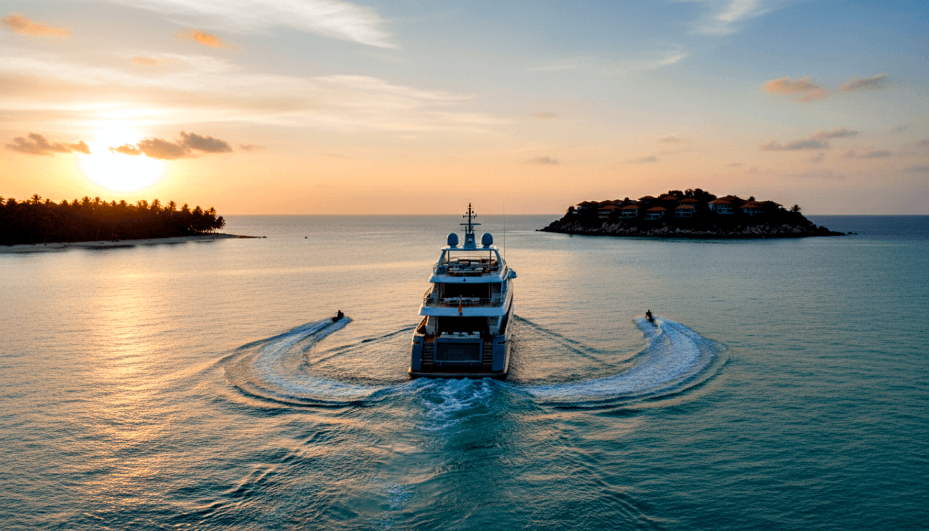 White multi-deck motor yacht moving through calm turquoise water at golden hour, flanked by two personal watercraft with curved wakes.