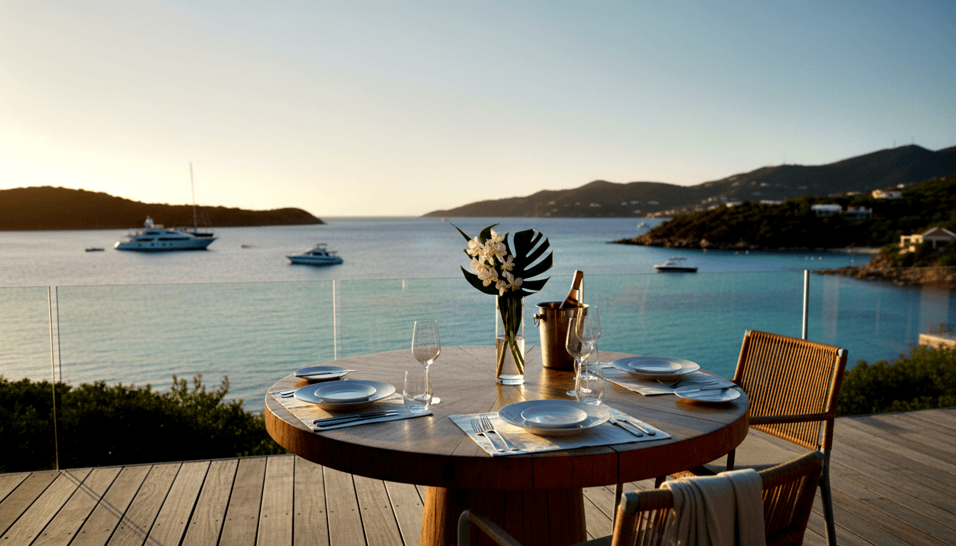 Round wooden table set for four on a deck, white plates, wine glasses, ice bucket, overlooking turquoise bay with yachts.