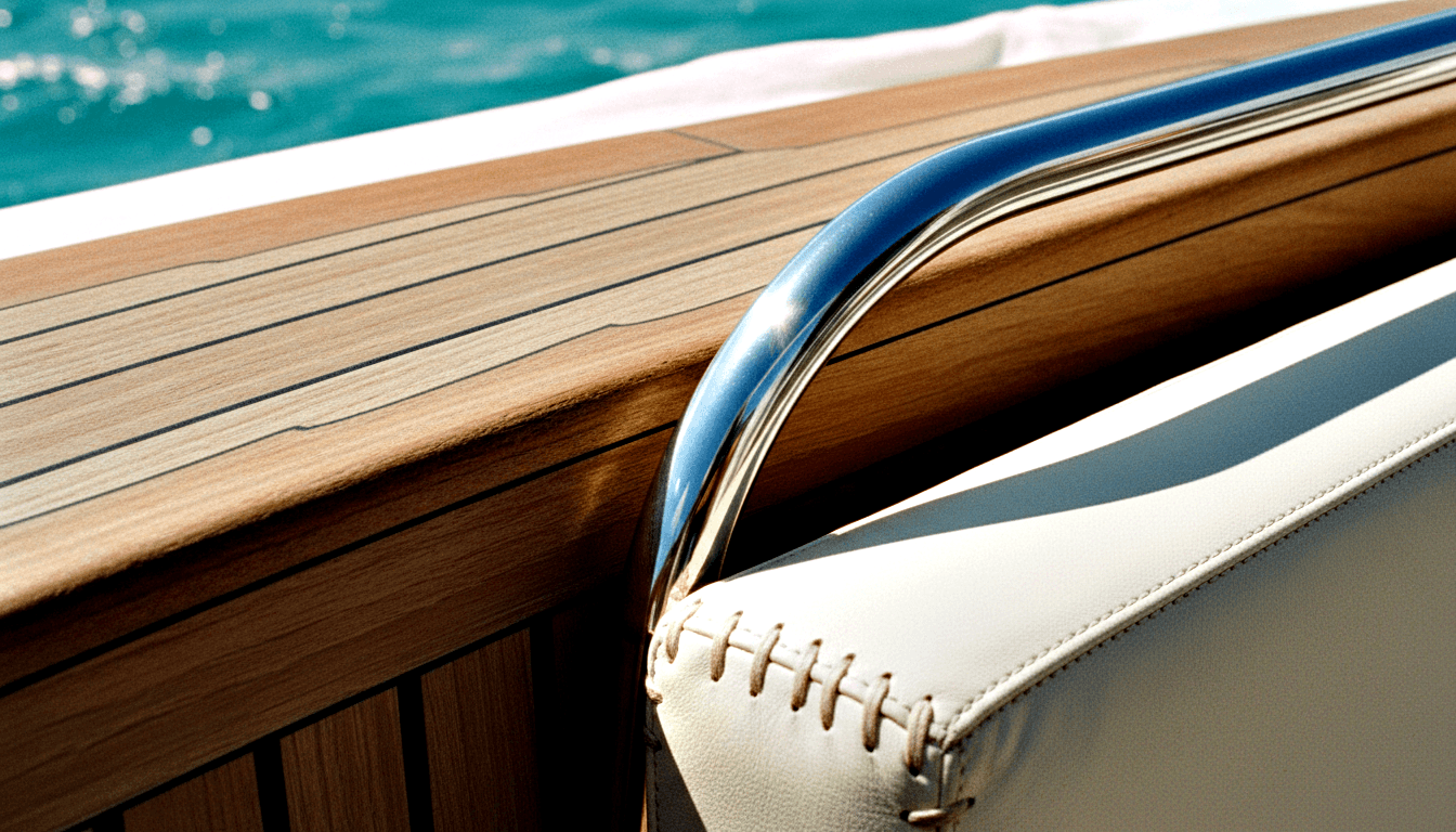 Stainless steel railing curving over honey-toned teak wood rail with dark seams; cream leather cushion with cross-lace edging at lower right.