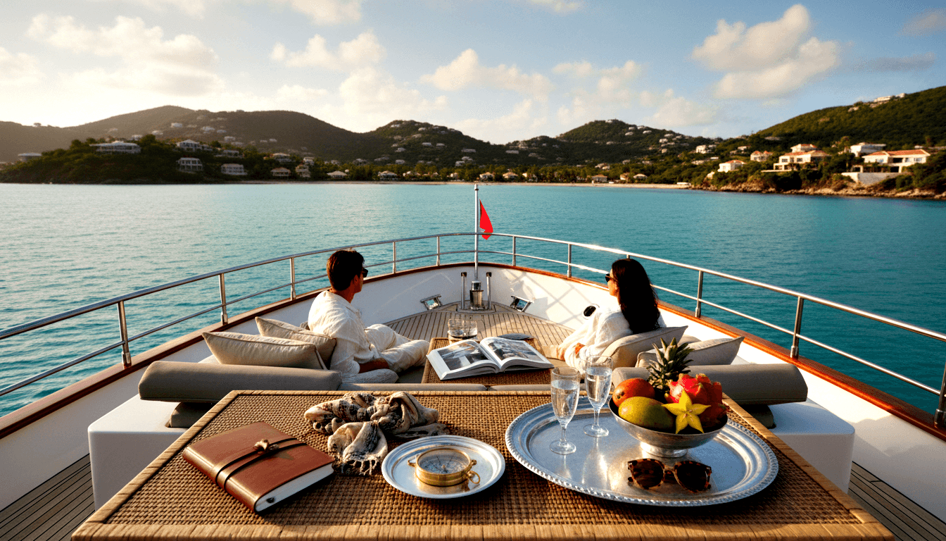 Two people in white clothing and sunglasses recline on bow loungers of a yacht; teak deck leads to a calm turquoise bay with green hillsides.