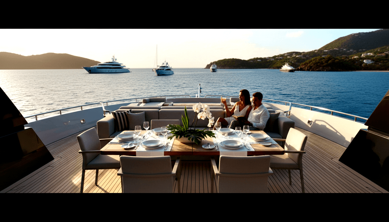 Teak yacht deck dining table set for 6–8 with orchid centerpiece; couple clinking glasses on striped-cushion lounge at golden sunset.