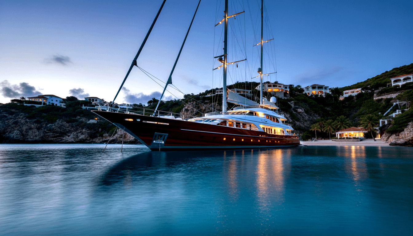 Large sailing superyacht with dark mahogany hull and white superstructure anchored in calm turquoise bay at twilight.