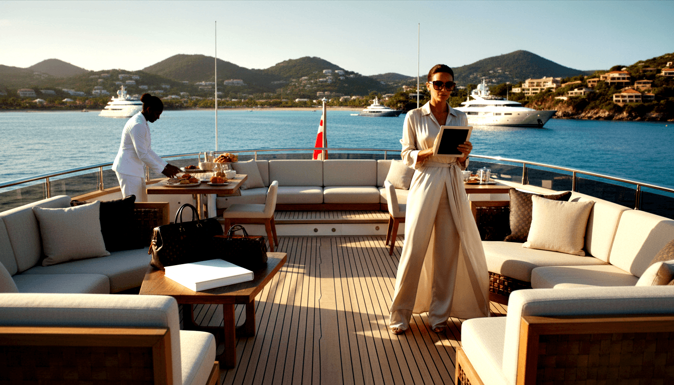 Woman with tablet and uniformed man arranging a set dining table on a superyacht aft deck overlooking a turquoise bay.