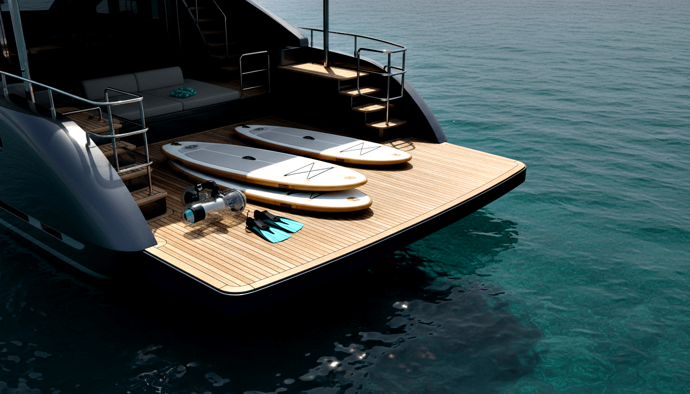 Bird's-eye CGI render of yacht stern swim platform with teak decking, three paddleboards, cyan swim fins, diving gear, and white water slide.