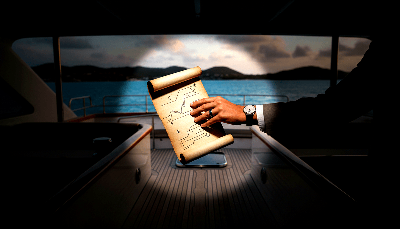 Hand in dark suit holding aged parchment scroll with line graphs and € symbols, yacht teak deck and open-water seascape behind.