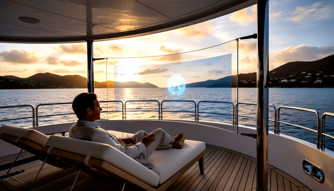 Man in cream attire reclines on yacht's teak sun lounger facing holographic display with glowing blue ring; sunset coastline behind.