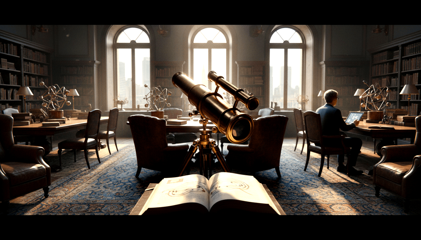 CGI grand library with brass telescope on tripod, open scientific book foreground, tall bookshelves, arched windows, figure at desk.