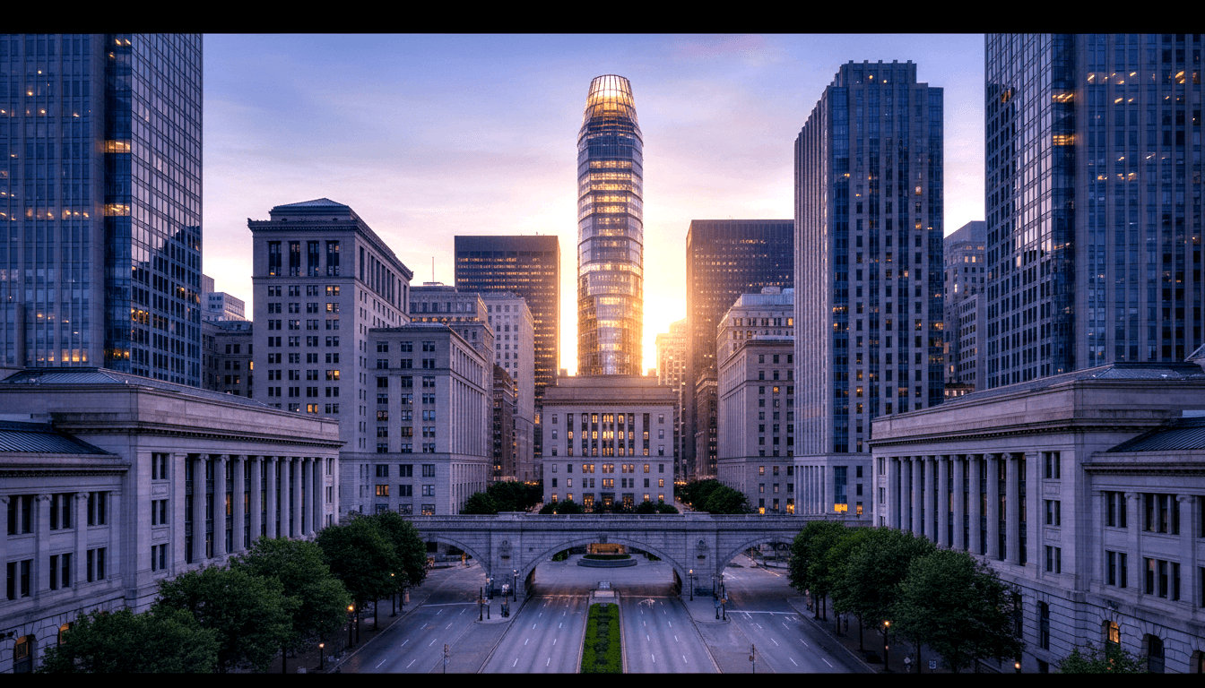 Empty multi-lane boulevard flanked by stone colonnades and trees leads to a cylindrical glass tower at golden hour.