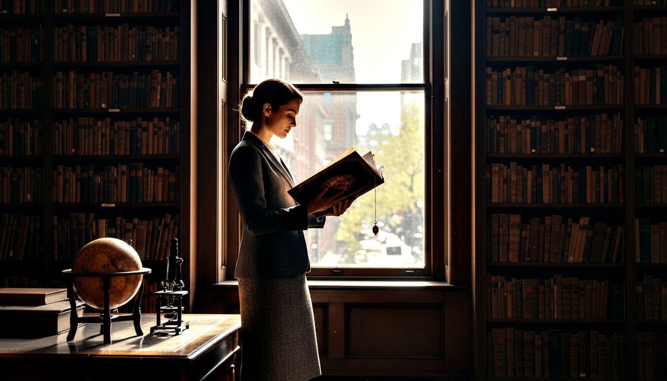 Woman in grey blazer reads a large ornate vintage book with chain, flanked by floor-to-ceiling shelves of leather-bound volumes.