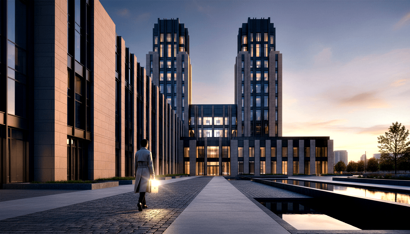Two dark towers flank a glowing central entrance at dusk; one figure in a trench coat walks a cobblestone path toward it.