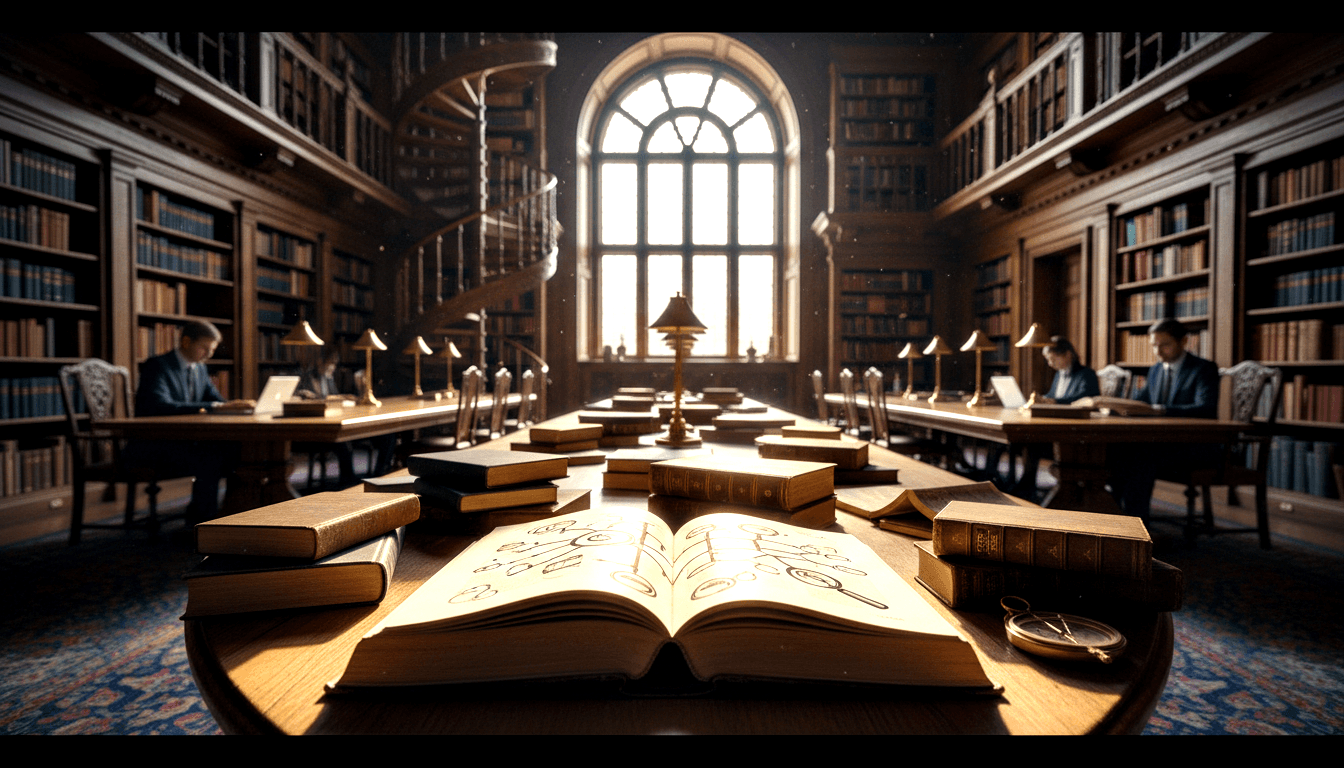 Symmetrical library hall; dark bookshelves, brass lamps, blurred figures at table; glowing manuscript and pocket watch foreground.