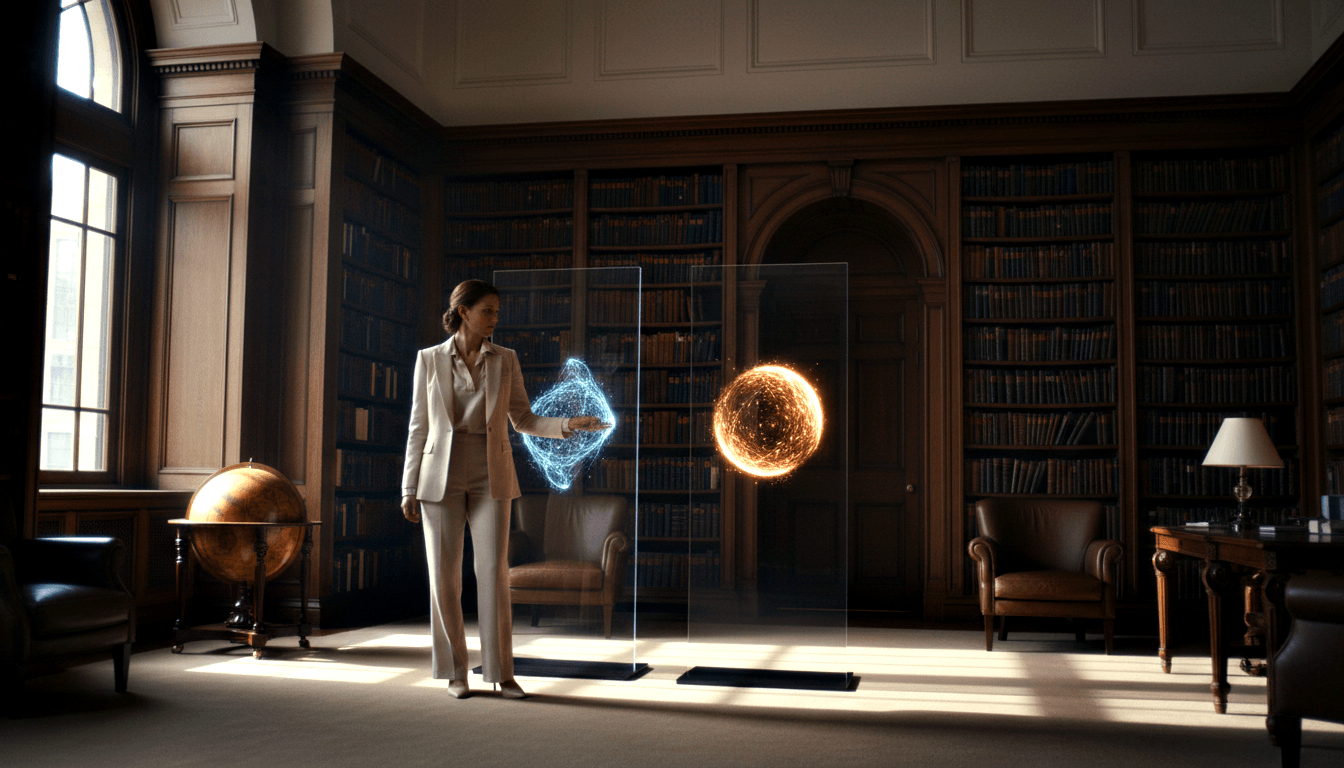 Woman in cream wide-leg suit reaching toward a glowing blue electric orb in a wood-paneled library with a fiery orange sphere opposite.