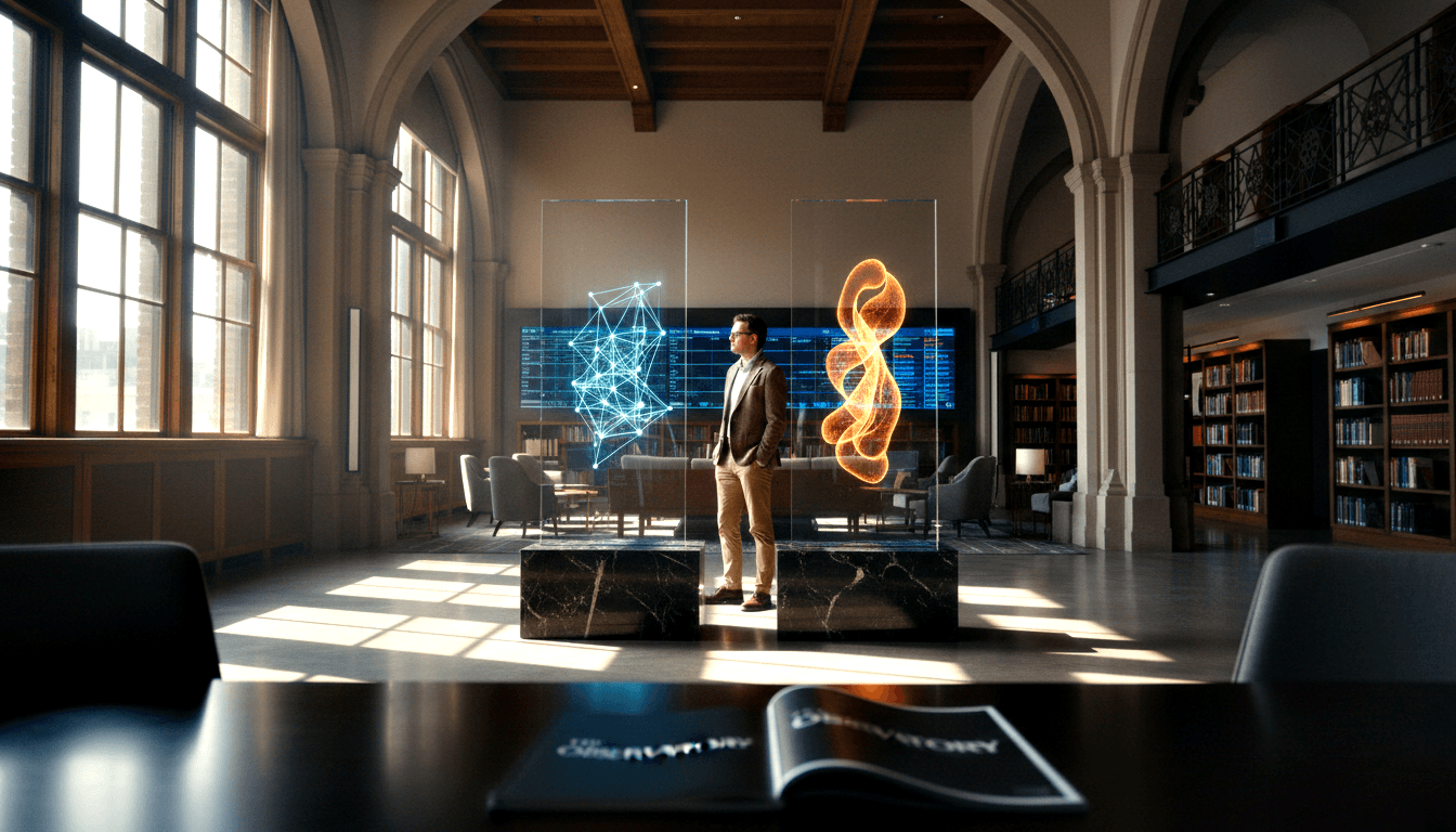 Man in tan blazer stands between two large transparent panels showing a blue node network and an orange double-helix in a Gothic library.