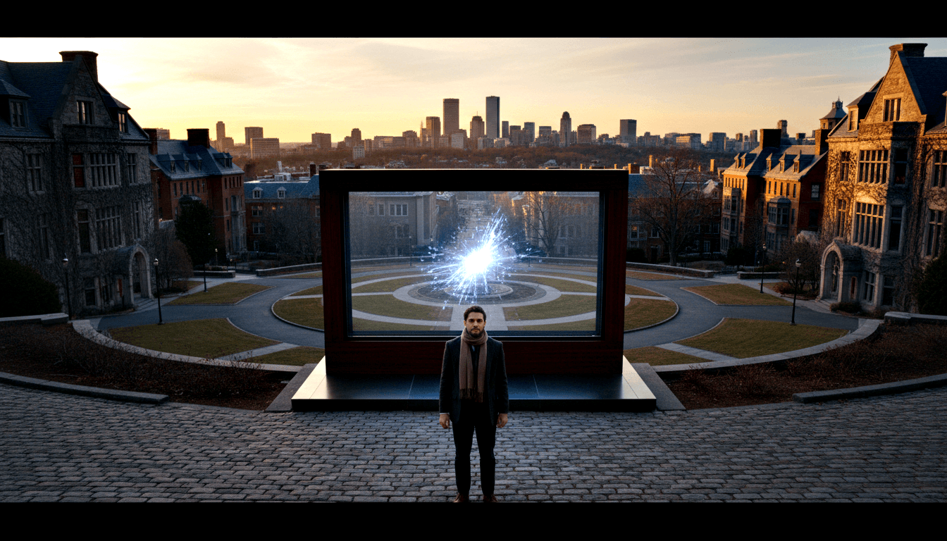 Man in dark blazer and beige scarf stands before a large black frame emitting blue-white light on a cobblestone plaza at sunset.