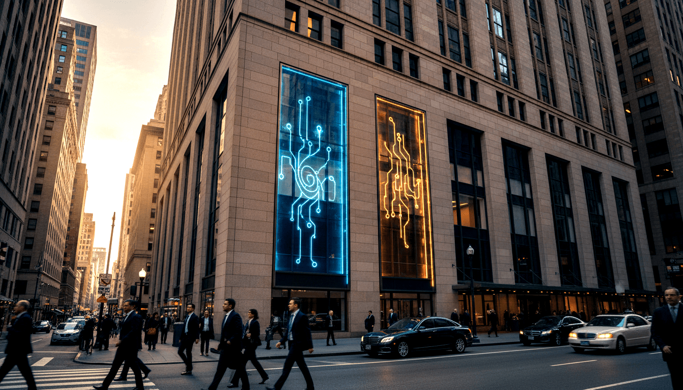 Corner stone building with blue and amber illuminated panels showing circuit board spiral motifs; pedestrians walk below at golden hour.