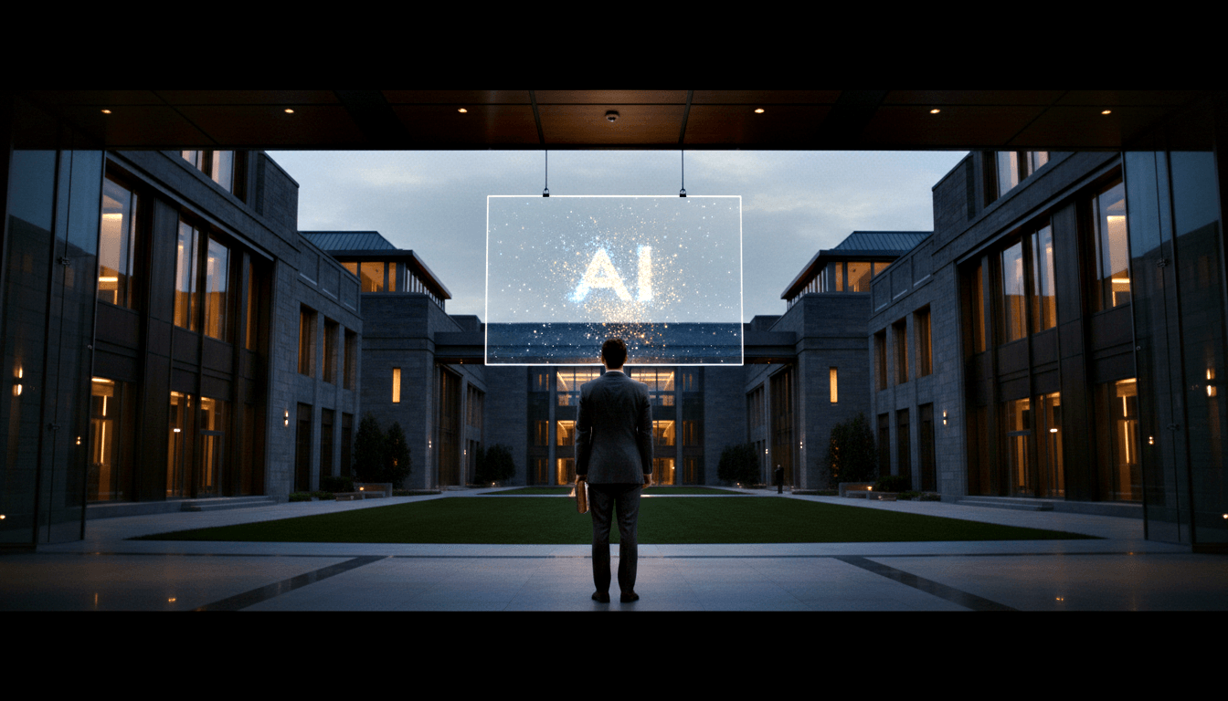 Person in dark suit faces glowing holographic 'AI' display in symmetrical stone courtyard at dusk. Cinematic CGI scene.
