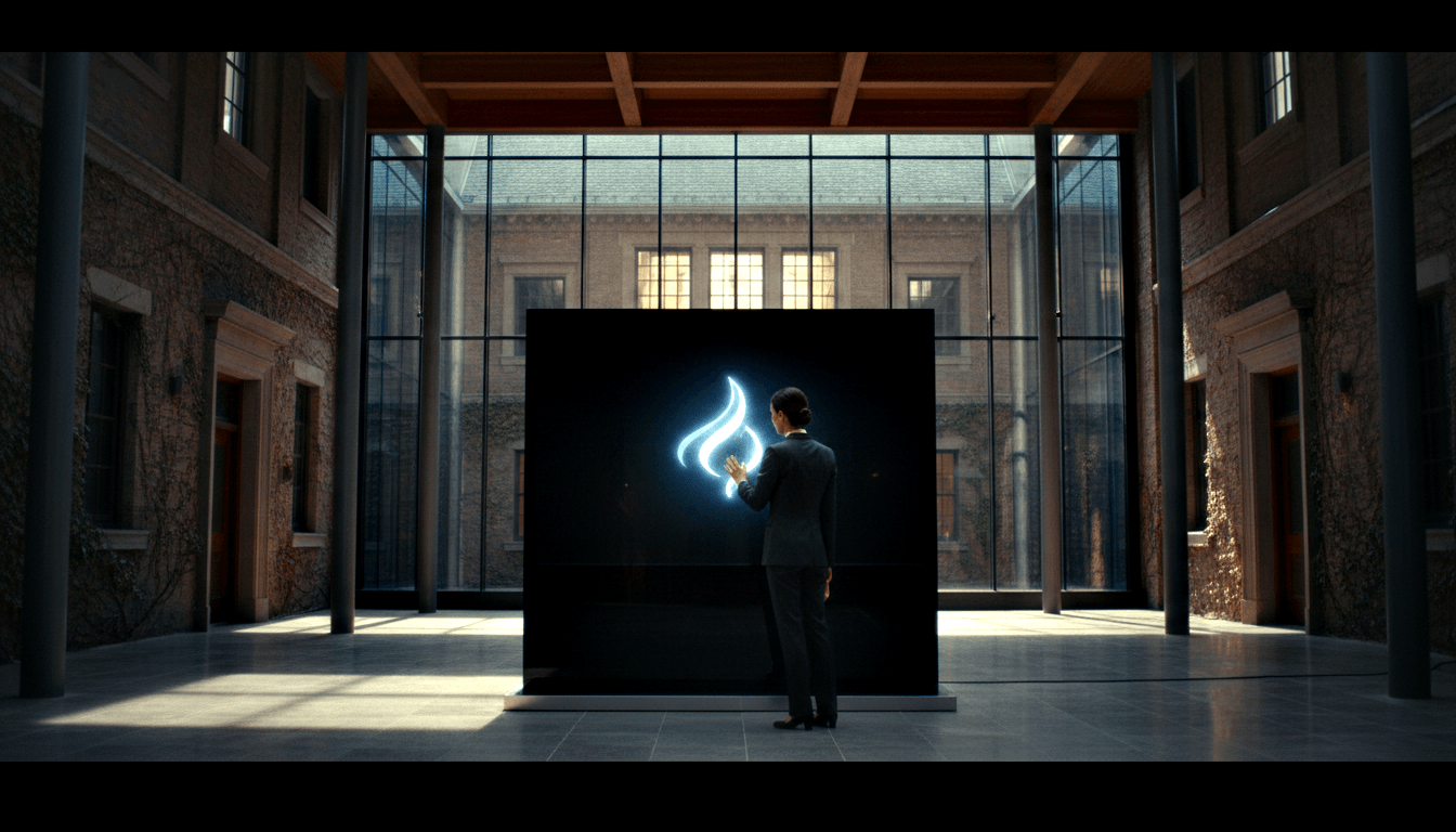 Person in dark suit, back to viewer, facing a large matte black panel with a glowing neon-blue flame symbol in a glass-windowed atrium.
