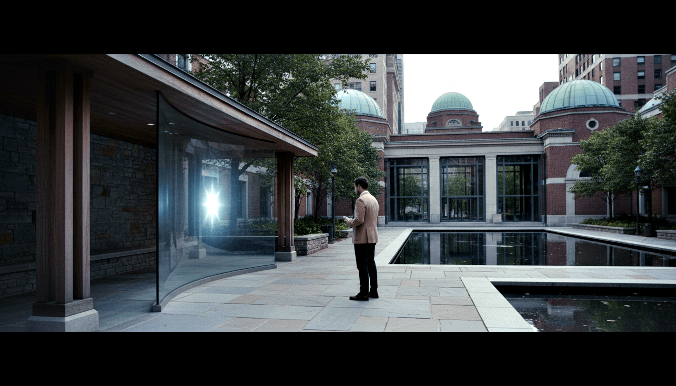 Person at reflecting pool in stone courtyard; curved glass pavilion left, brick building with green copper domes behind.