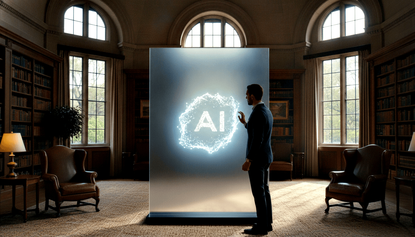 Adult in dark blazer stands before glowing AI panel in traditional library with floor-to-ceiling bookshelves and warm lamplight.