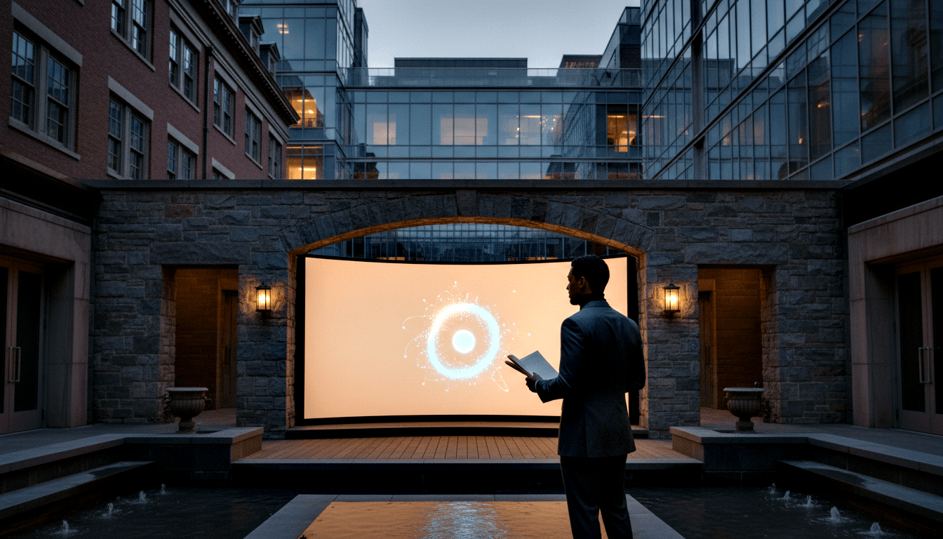 Man in dark suit on wooden deck faces curved screen in stone arch showing amber orbital graphic; courtyard, brick buildings, dusk.
