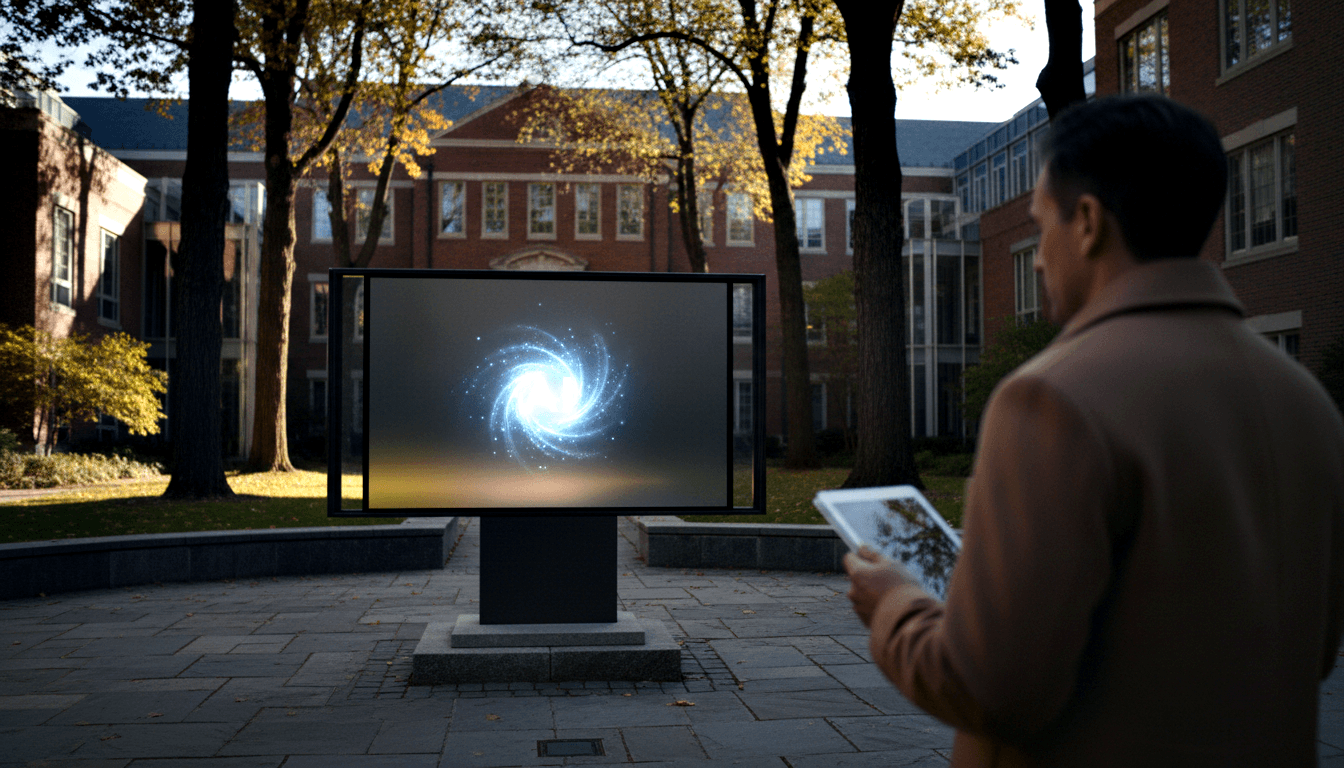 Man in tan coat viewed from behind holds tablet, facing a large outdoor digital display showing a blue-white spiral galaxy.