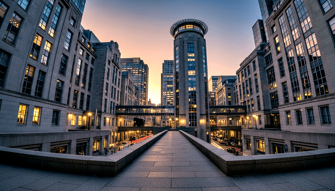 Granite walkway leads to stone-clad complex with cylindrical tower and glass cupola at dusk, flanked by golden lamps and stone parapets.