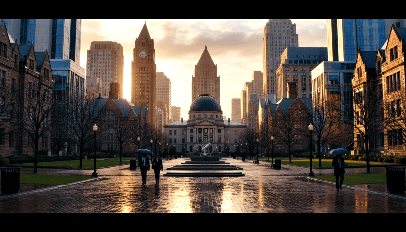 Brick promenade leads to a golden-backlit neoclassical dome; two figures share umbrella, wet pavement reflects amber light.