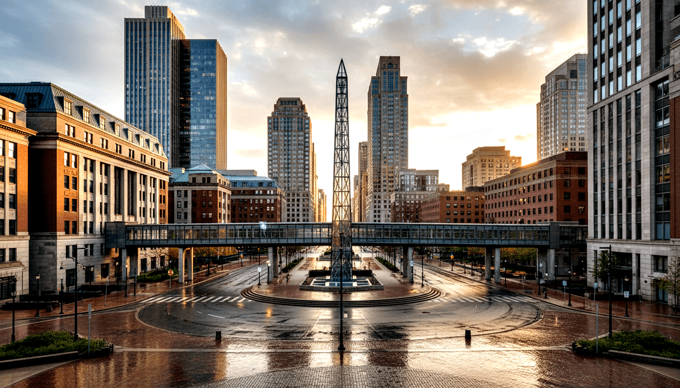 Tall slender steel lattice spire on circular stepped base at brick roundabout, backlit by golden light through clouds, reflected in wet pavement.