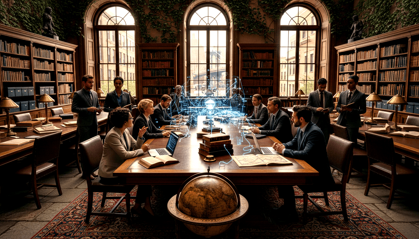Professionals around a dark wood table in a mahogany library with books, laptops, globe, and holographic network display.