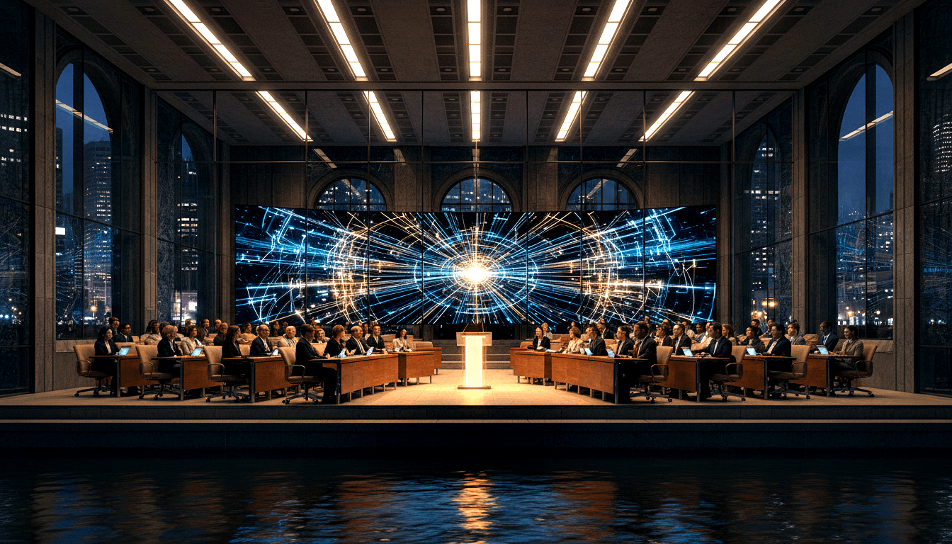 CGI assembly chamber with delegates at curved wooden tables facing a glowing central podium and large blue-white LED display.