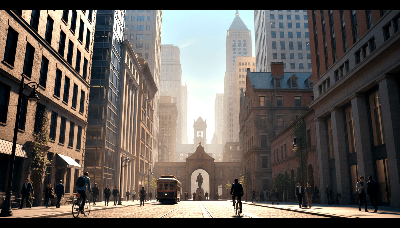 Urban boulevard in one-point perspective with tram rails and cobblestones leading to a classical triumphal arch topped by a standing statue.