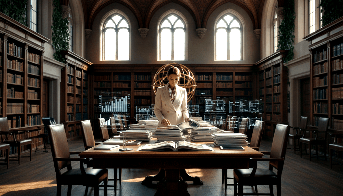 Woman in cream blazer and neckerchief leans over a document-covered wooden table in a Gothic library with holographic data screens.