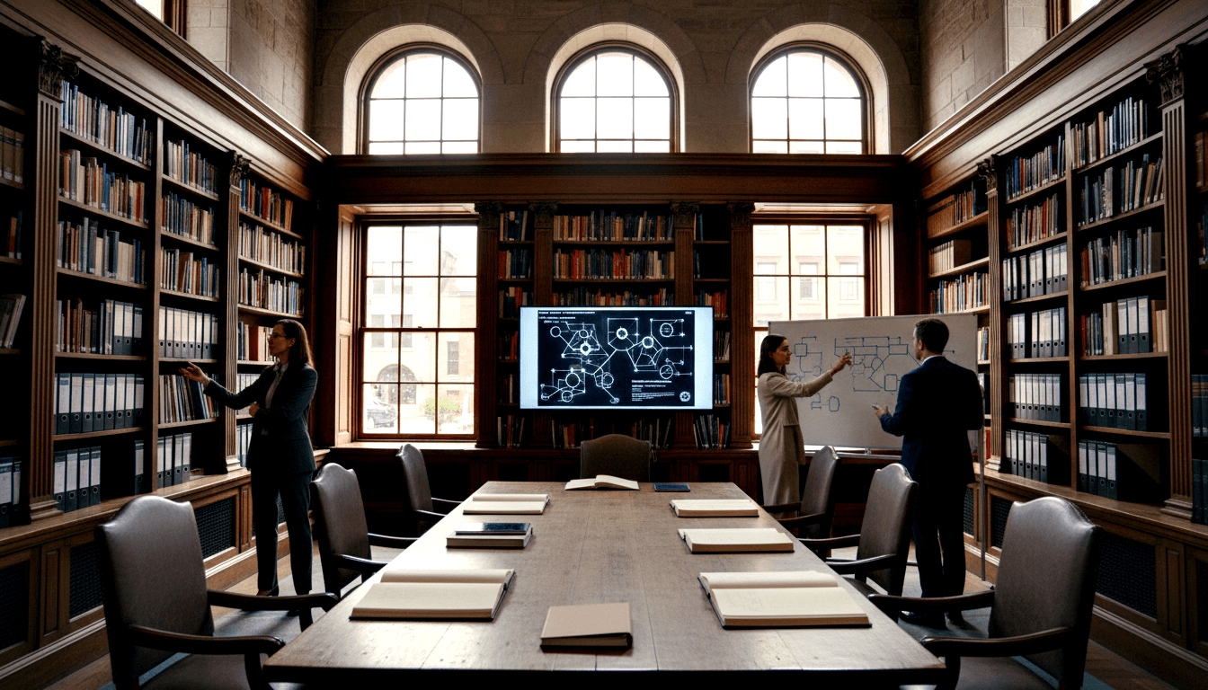 Conference room with bookshelves and arched windows; three people at a table near a whiteboard and flat-screen monitor showing a flowchart.