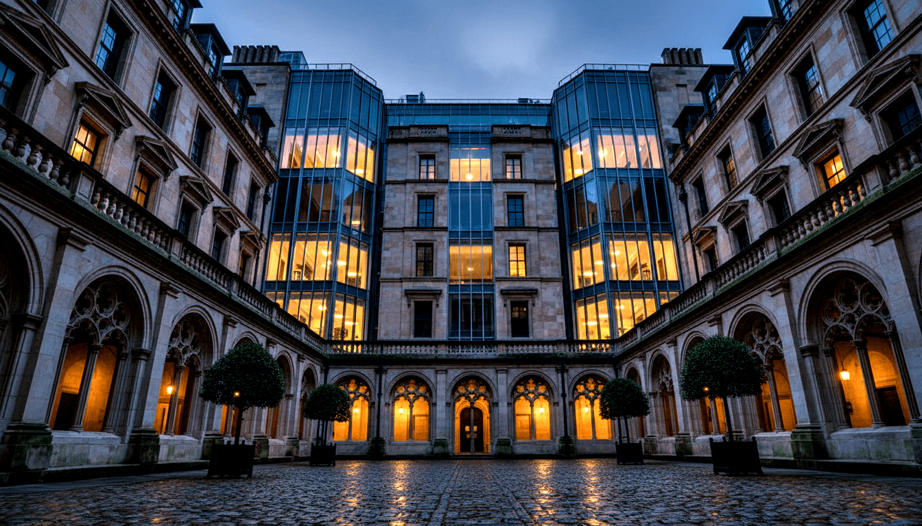 Symmetrical stone courtyard at dusk with Gothic arched colonnades flanking a glowing glass structure; wet cobblestones reflect lantern light.