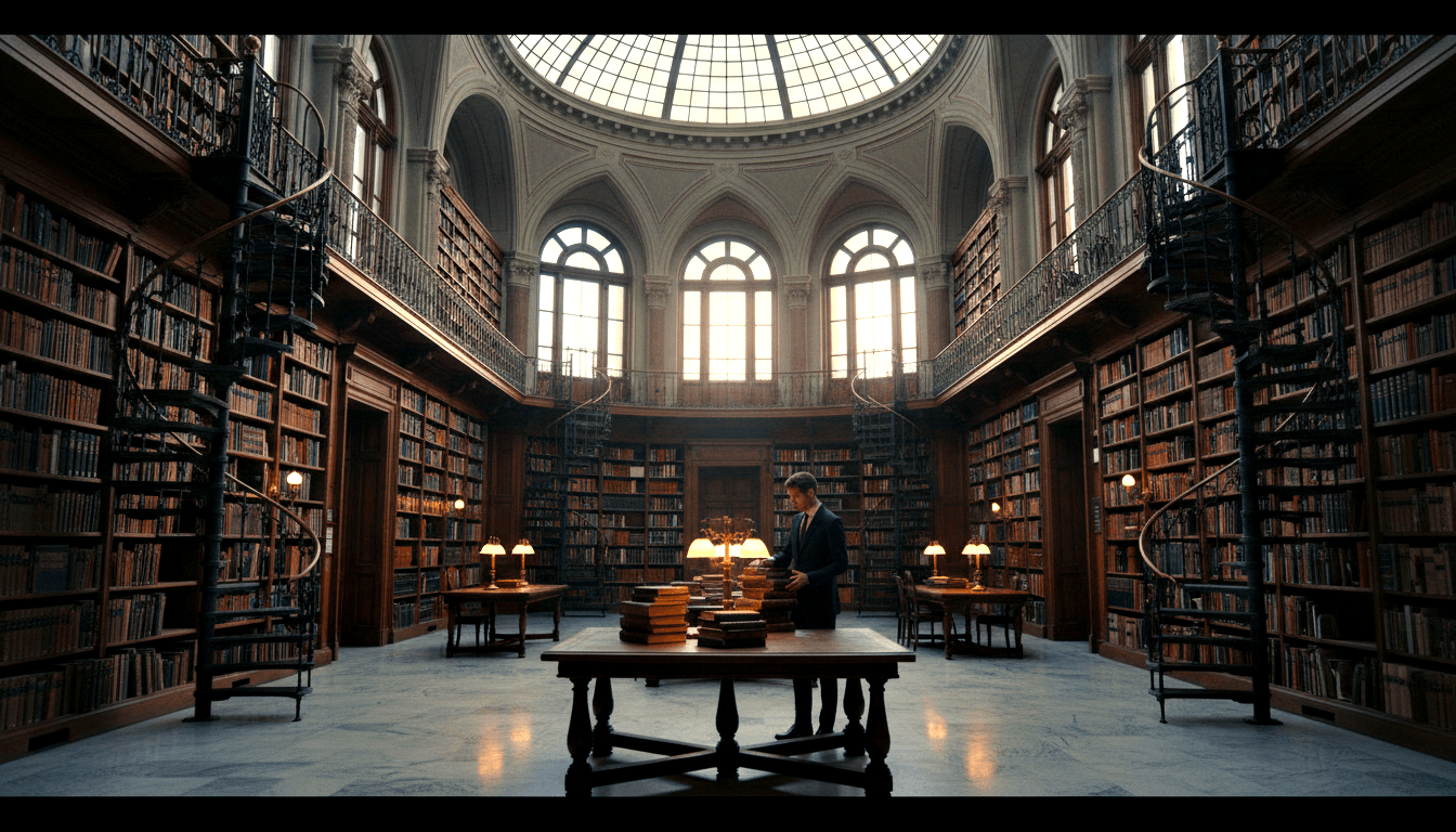 Symmetrical library: wooden bookshelves, spiral staircases, glass dome skylight, man in navy suit at book-laden central table.