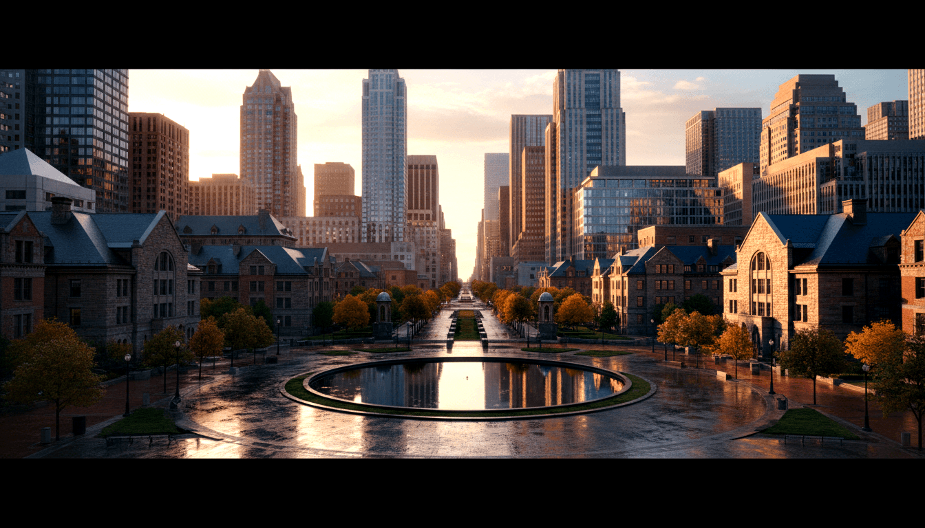 CGI symmetrical boulevard with reflecting pool, Gothic stone buildings flanking glass-and-steel towers, amber autumn trees, golden-hour light.