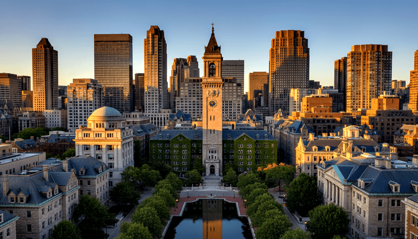 Gothic collegiate campus with tall clock tower, reflecting pool on central axis, ivy-covered stone buildings, and modern skyscrapers beyond.