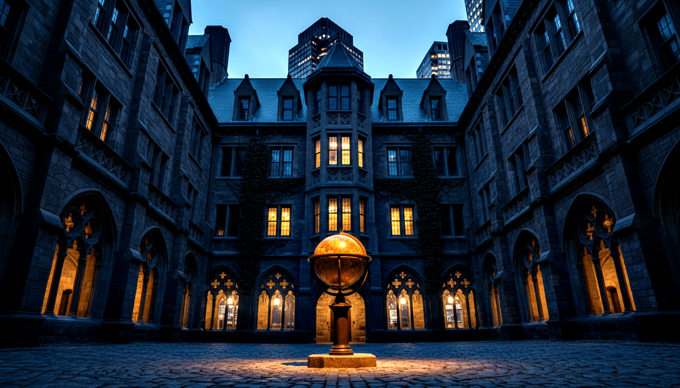 Antique globe on bronze pedestal in cobblestone courtyard at twilight, Gothic buildings with amber-lit interiors, skyscrapers behind.