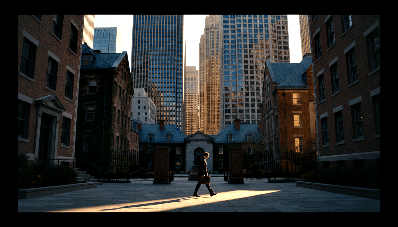 Figure in dark coat with red-orange bag crosses sunlit stone plaza; brick buildings and amber skyscrapers behind.