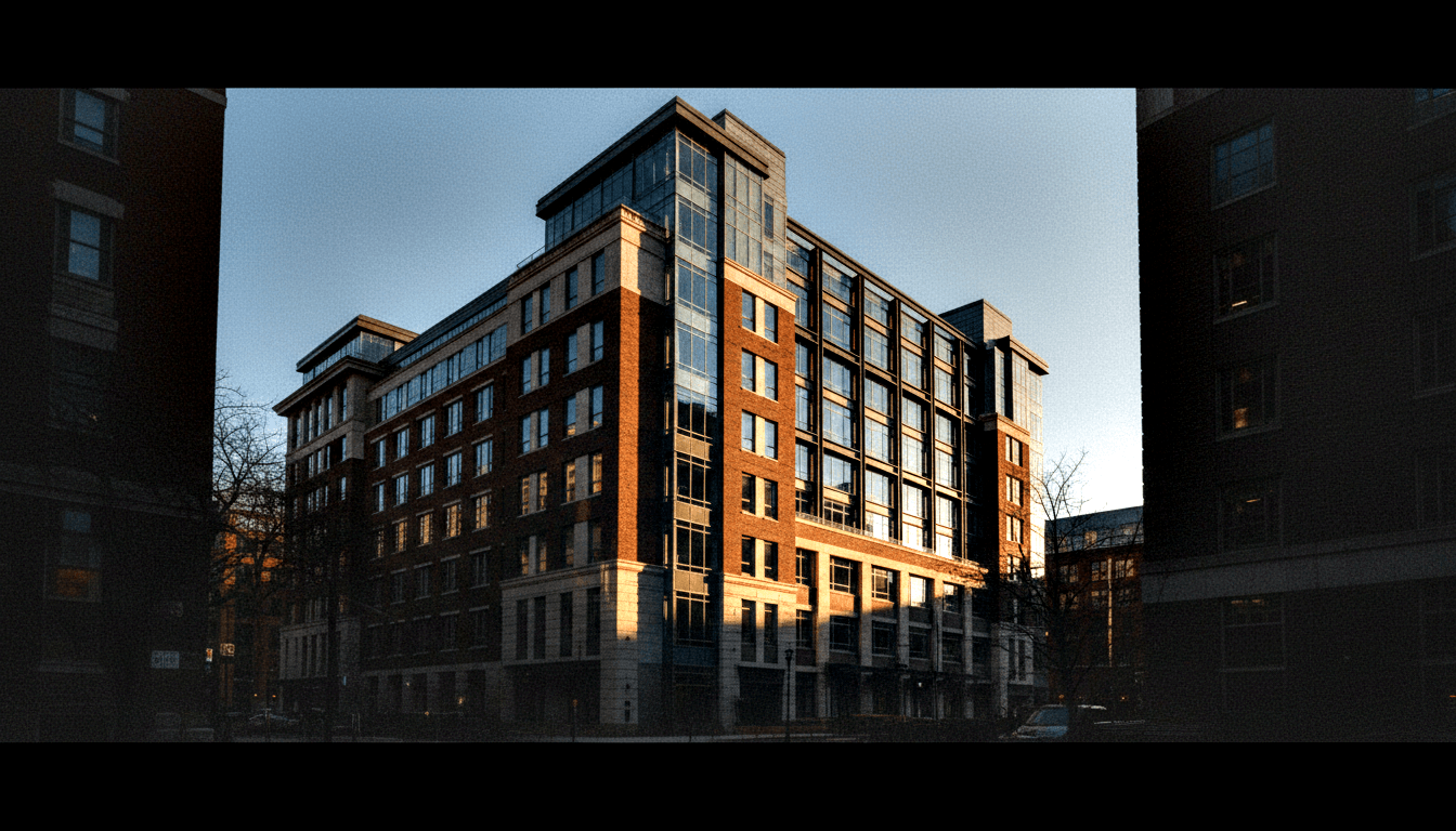 7–8 story building with red brick and dark-framed glass curtain wall, lit by late-afternoon golden light, framed by bare trees.