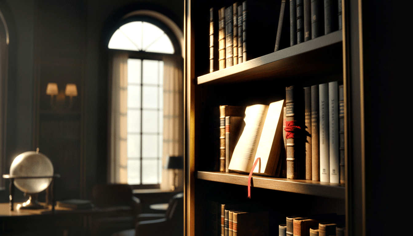 Wooden bookshelf with gold-trimmed edges holds aged hardcovers; center shelf has open book, red ribbon, and red-cord scroll.