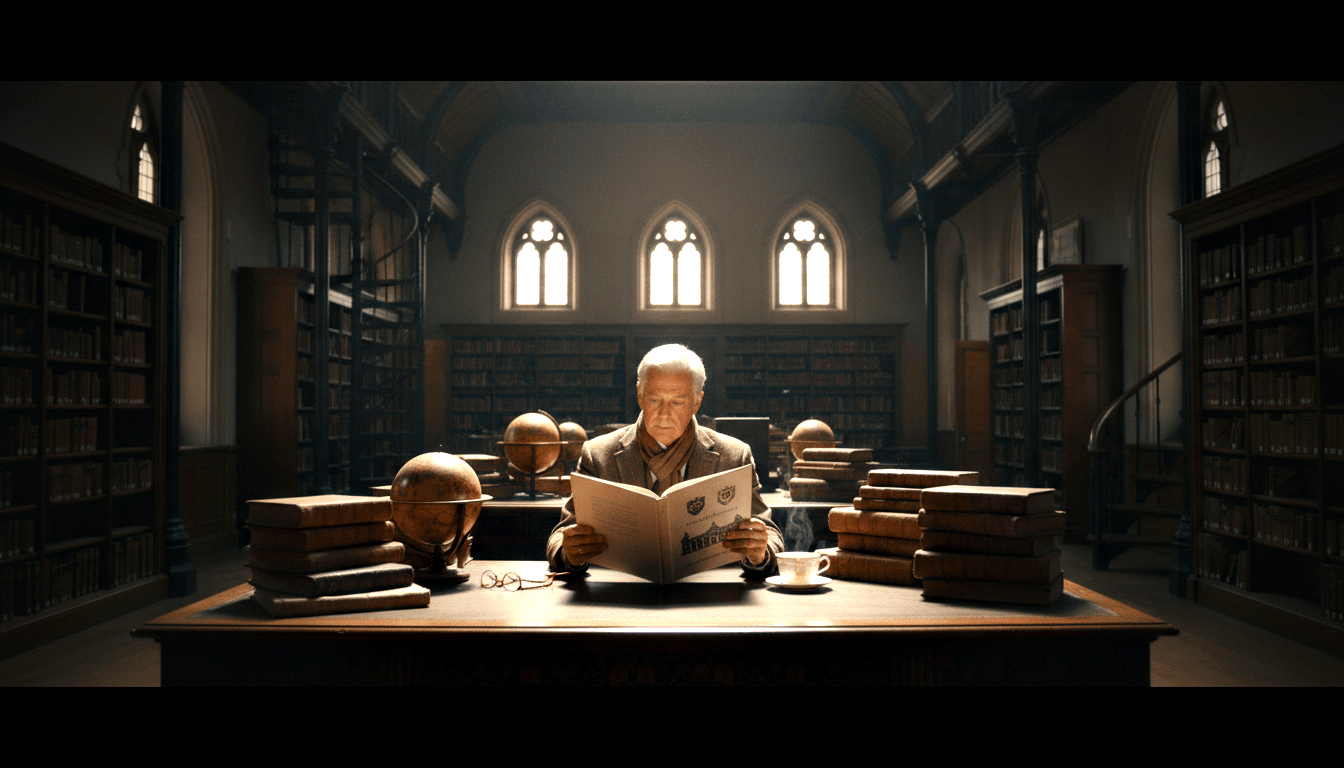 Elderly man in tweed reads at mahogany desk with globe and steaming cup in a Gothic library with tall shelves.
